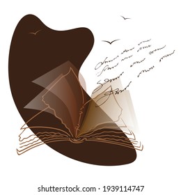 An old book. The lines fly out of the pages and turn into birds. Illustration in brown colors.