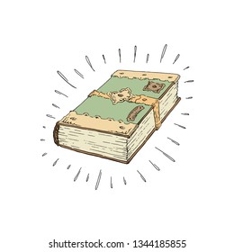 An old book with metal ornaments. The mystical concept of a vintage design object. Hand drawn ink vector illustration