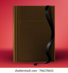 Old book or notebook with empty leather cover brown color mockup (template) with black silk ribbon (tab, marker)