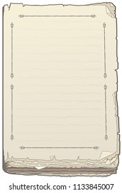 Old book page paper empty open, vector cartoon illustration background design element vertical, over white, isolated