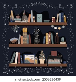 Old book shelves with different vintage things in snowy frame. Hygge winter window, cozy home. Isolated design element for fairy, cozy, and retro interiors