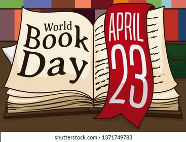 Livro antigo em uma mesa com fita como marcador com data e uma estante no fundo comemorando o Dia Mundial do Livro em 23 de abril.