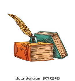 Old book. Vector old note paper with vintage antique quill. Ancient parchment paper. Retro writing stationery for poetry work or education