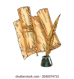 Old book. Vector old scroll paper with vintage antique quill. Ancient parchment paper. Retro writing stationery for poetry work or education