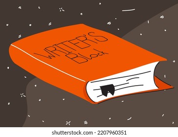 Old book with Writer's block text. Card or banner vector illustration.