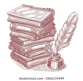 Old books, feather pen and inkwell. History, education, literature concept. Sketch vintage drawing