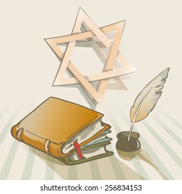 old books a feather and star of David