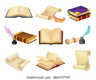 Old Books in Hard Cover with Pages and Scrolls with Quill Vector Set