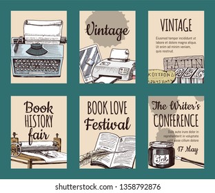 Old books with ink quill feather pen and inkwell set of cards or banners vector illustration. Vintage or antique writing stationery and open book manuscript. Writer s conference.