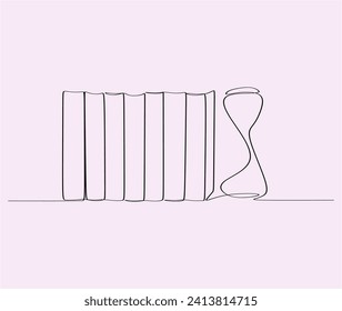 Old books lie on a shelf with a vase in one line. Continuous line drawing of book, library, education, school, study, literature, paper, textbook, knowledge, reading, learning, page, reading.