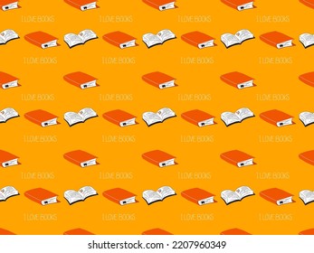 Old books on orange colored background with I love Books text. Card or banner vector illustration background. Seamless texture.
