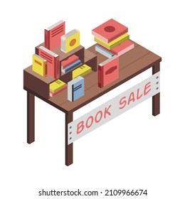 Old books on sale at flea market isometric icon 3d vector illustration