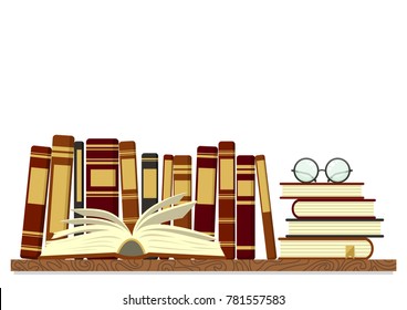 Old books on shelf with open book and glasses on white background. Reading, education, studying vector illustration.