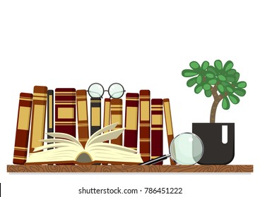 Old books on shelf with open book, glasses, magnifier and plant on white background. Reading, education, studying vector illustration.