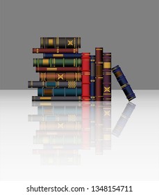 Old books on a shiny surface, vector illustration.
