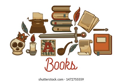 Old books shop literature manuscript and ancient relics vector capital letter on parchment or papyrus page pen candle and sword skull, and smoking pipe typing machine heritage poetry and stories