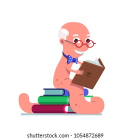 Old bookworm sitting on a pile of books reading a book. Clever elder bookworm grey haired bald reader wearing glasses and bowtie funny caricature. Flat style isolated vector illustration