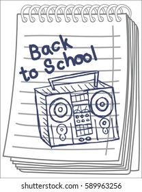 Old boom box on notebook background. Vector illustration. Hand drawn.