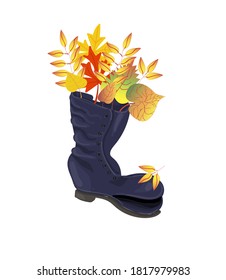 An old boot is drawn with bright autumn leaves sticking out of it. The drawing is isolated on a white background. Stock vector illustration.