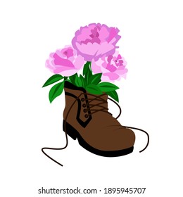 
Old boot filled with pink flowers, blooming pink peonies, lush peonies in a shoe, cute spring composition, vector illustration in flat style.
