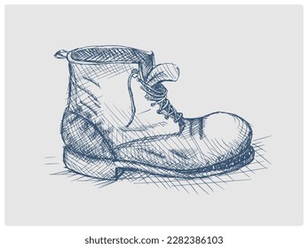 Old boot sketch obsolete blue style vector illustration. Old hand drawn azure engraving imitation.