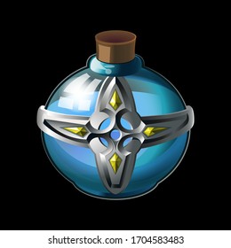 Old bottle with metal cross and diamonds, magical holy water in glass or liquid poison drink of alchemy or chemistry. illustration vector game icon, item. Magnificent elixir isolated on background.