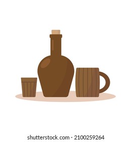 Old bottle, mug and glass icon. Colored silhouette. Front side view. Vector simple flat graphic illustration. The isolated object on a white background. Isolate.