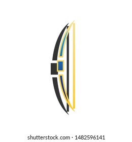 Old bow sign. Blue icon with gold contour with dark gray shadow at white background. Illustration.