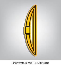 Old bow sign. Flat orange icon with overlapping linear black icon with gray shadow at whitish background. Illustration.