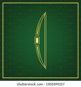 Old bow sign. Golden icon with gold contour at dark green gridded white background. Illustration.