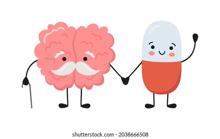 El viejo personaje del cerebro y los sonrientes personajes de la píldora de la medicina se toman de la mano. Cápsula Kawaii y personajes cerebrales lindos. Terapia farmacológica. Ilustración aislada de vectores sobre fondo blanco.