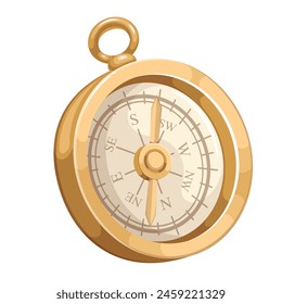 Old brass compass, cartoon nautical equipment. Ancient explorers tool with magnetic needle for orientation of ship in sea or ocean, cartoon compass of sailors and pirates adventure vector illustration