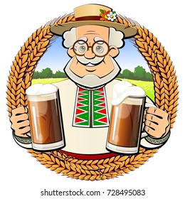 Old brewer with a dark beer in glass mugs. Emblem, logo, icon.
