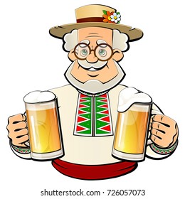 Old brewer with a light beer in glass mugs.