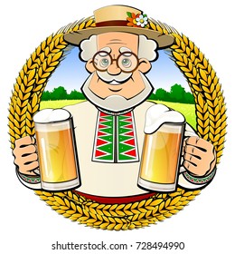 Old brewer with a light beer in glass mugs. Emblem, logo, icon.