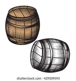 Old brewery. A barrel of alcohol, black and white vintage engraved hand drawn vector illustration. Craft beer container sketch