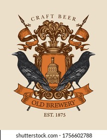 Old brewery coat of arms in vintage style. Suitable for pubs, bars and breweries design. Vector heraldic Coat of arms with ravens, crown, spears, ribbon and knightly shield. Hand-drawn illustration