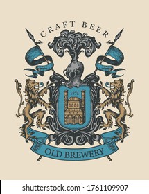 Old brewery coat of arms in vintage style. Hand-drawn illustration on craft beer theme. Suitable for brewery, pub and bar design. Vector heraldry with lions, spears, knightly helmet and shield