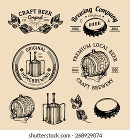 Old brewery logos set. Kraft beer retro signs or icons with hand sketched glass, barrel, bottle, cap, kettle, herbs and plants. Vector vintage homebrewing labels or badges.