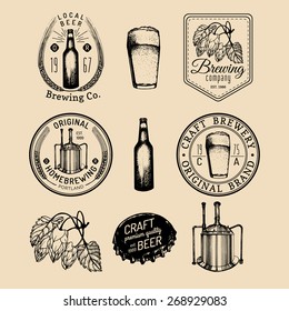 Old brewery logos set. Kraft beer retro signs or icons with hand sketched glass, bottle, mug, kettle, herbs and plants. Vector vintage homebrewing labels or badges.