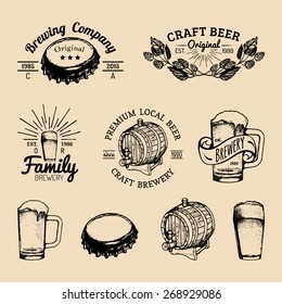 Old brewery logos set. Kraft beer retro signs or icons with hand sketched glass, barrel, cap, mug, herbs and plants. Vector vintage homebrewing labels or badges.