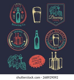 Old brewery logos set. Kraft beer retro signs or icons with hand sketched glass, kettle, barrel, bottle, mug, kettle, herbs and plants. Vector vintage homebrewing labels or badges.