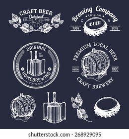 Old brewery logos set. Kraft beer retro signs or icons with hand sketched barrel, cap, kettle, herbs and plants. Vector vintage homebrewing labels or badges.