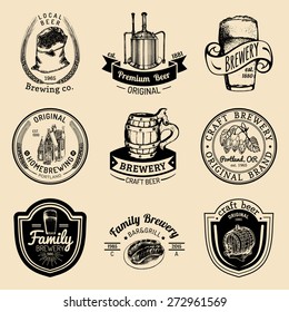 Old brewery logos set. Kraft beer retro signs or icons with hand sketched glass, barrel, mug, herbs and plants, kettle illustrations. Vector vintage homebrewing labels or badges.