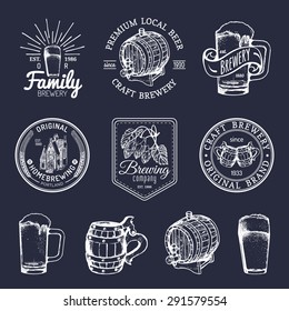 Old brewery logos set. Kraft beer retro signs or icons with hand sketched glass, barrel, mug, herbs and plants. Vector vintage lager, ale labels or badges.
