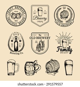 Old brewery logos set. Kraft beer retro signs or icons with hand sketched glass, barrel, mug, bottle. Vector vintage lager, ale labels or badges.