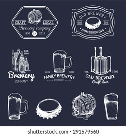 Old brewery logos set. Kraft beer retro signs or icons with hand sketched glass, barrel, mug, kettle, cap. Vector vintage lager, ale labels or badges.