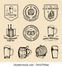 Old brewery logos set. Kraft beer retro signs or icons with hand sketched glass, barrel, mug, kettle. Vector vintage lager, ale labels or badges.