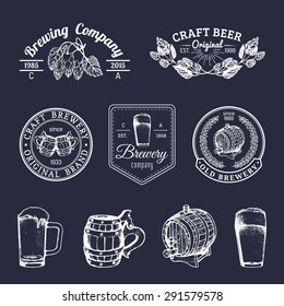 Old brewery logos set. Kraft beer retro signs or icons with hand sketched glass, barrel, mug, herbs and plants. Vector vintage labels or badges.