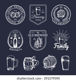 Old brewery logos set. Kraft beer retro signs or icons with hand sketched glass, barrel, mug, bottle. Vector vintage ale, lager labels or badges.